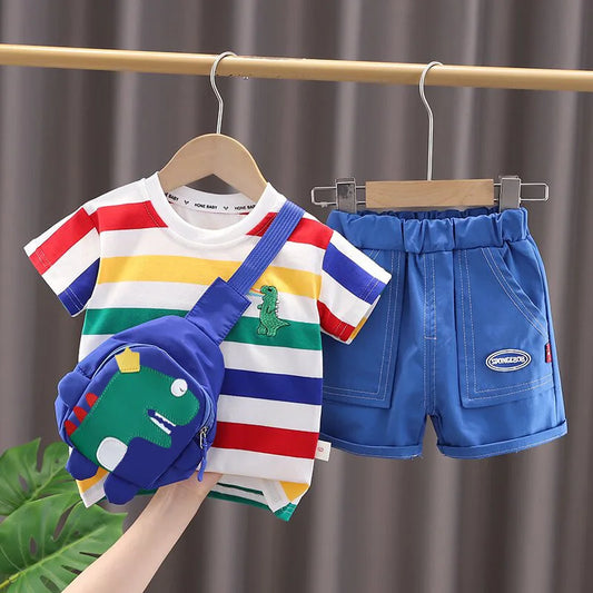 Summer Cute Cartoon Dinosaur Fashion Children O-neck T-shirt+Shorts+Bag Toddler Baby Boys