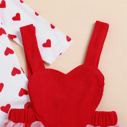 Toddler Baby Girl Valentine's Day Outfits Heart Print Long Sleeve Romper Suspender Skirts Headband 3Pcs Toddlers Spring Clothes