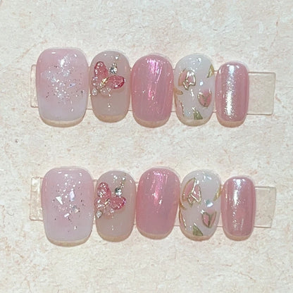 10Pcs Short Round Handmade Press On Nails Full Cover Peach Pink Summer Design Cute False Nails Artificial Manicure False Nails