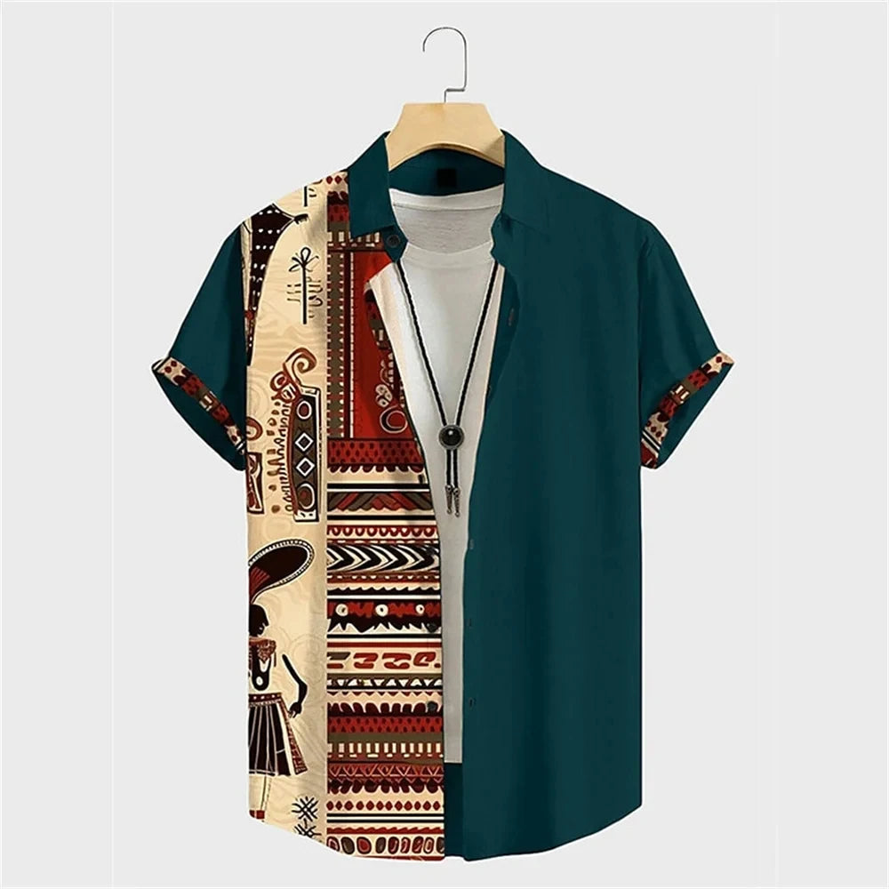 Autumn Ethnic Style Graphic 3D Print Holiday Button Men Clothing Luxury Men's Shirt Casual Short Sleeve Retro Shirt Man Top