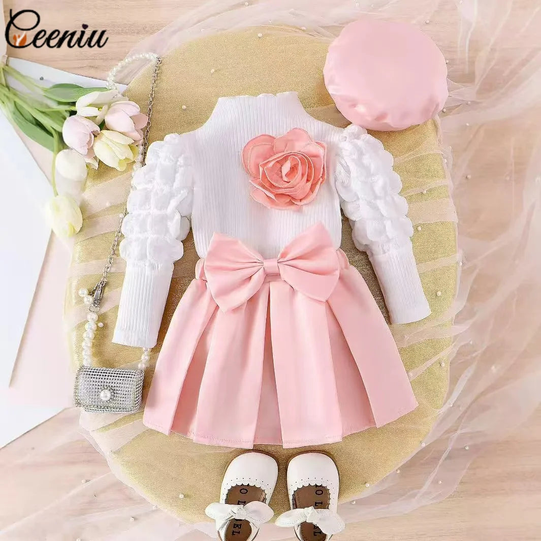 Ceeniu 0-3Y Baby Pink Heart Outfit Long Sleeve High Neck Pink Rose Top and Bow Skirt+Hat 3pcs Toddler Clothing Sets For Girl