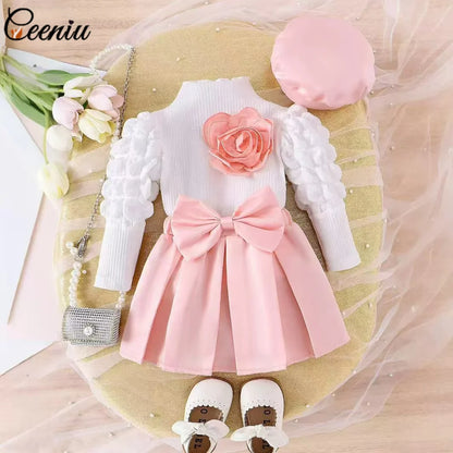 Ceeniu 0-3Y Baby Pink Heart Outfit Long Sleeve High Neck Pink Rose Top and Bow Skirt+Hat 3pcs Toddler Clothing Sets For Girl