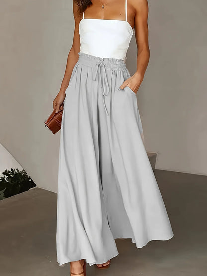 Plus Size Wide Leg Pants Comfortable Slight Stretch FabricElegant Solid Color Design Po    cket DetailsDrawstring Elastic Wai