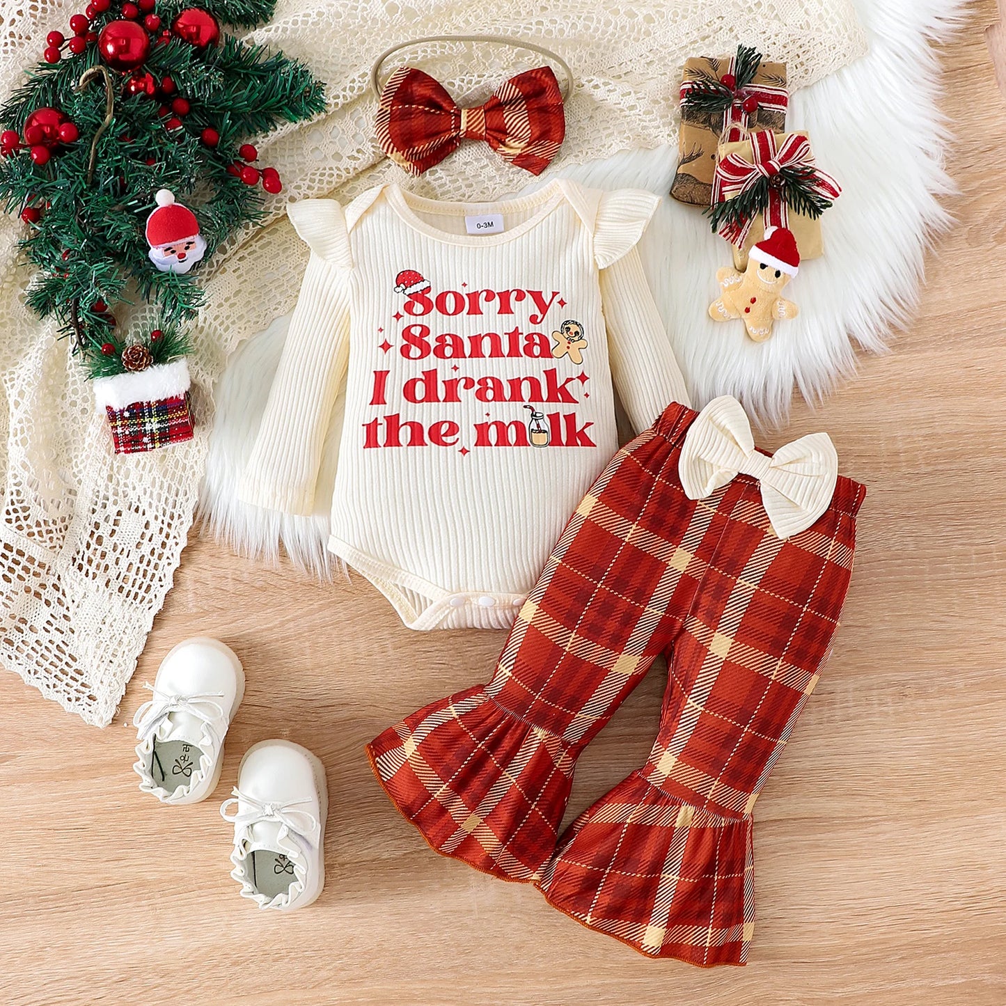 Autumn Girls Aged 0-1 Years Old, Comfortable Christmas Letter Printed Long-Sleeved Clothes + Trousers + Hair Bands