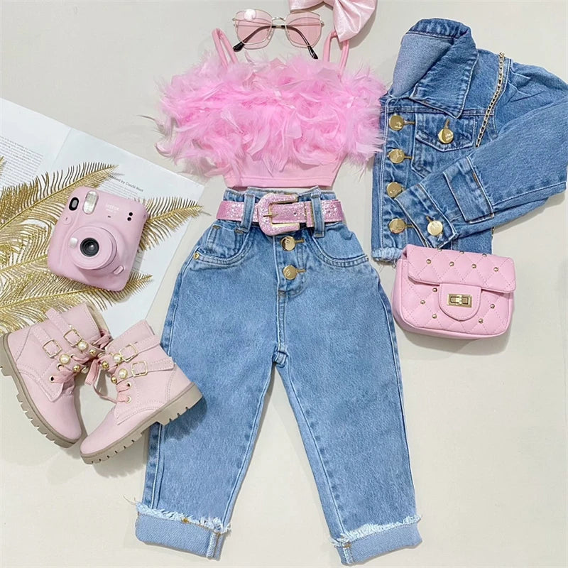 Girls Summer Clothing Outfit Sets Fashion Kid Children Pink Sleeveless Feather Camisole + Denim Pants with Pockets