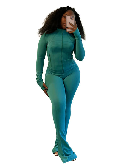 Women Clothes Two Piece Flared Pants Tracksuits Set