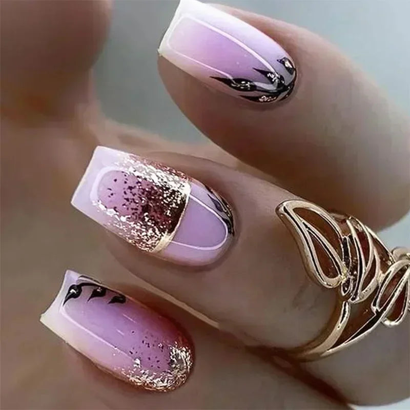 24Pcs wearable False Nails Long Coffin Press on Nails with Rhinestone colorful Flower Design Ballet artificial Fake Nails tips