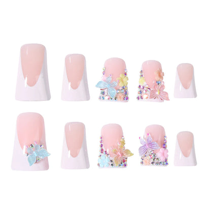24pcs medium fake nail white French duck feet, colorful 3d butterfly flowers design, full cover press on nail，suitable for women