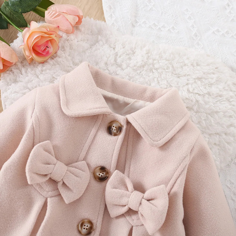 Autumn And Winter New Girls' Stylish Thick Coat With Bow Tie Long Sleeved Woolen Coat Windbreaker Trendy Outerwear