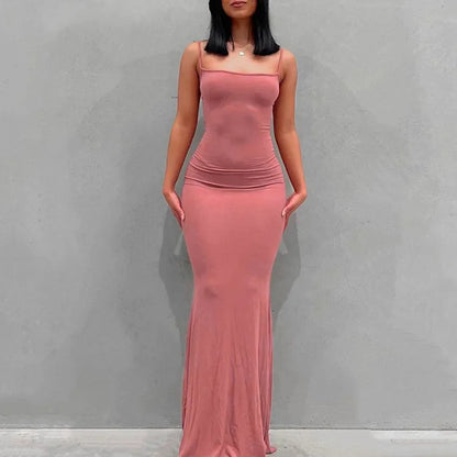 Sexy Bodycon Long Dress Solid Color Spaghetti Strap