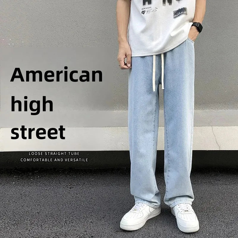 Casual Straight-Leg Jeans Men's Spring New Loose-Fit Elastic Waist American Style Wide-Leg Trousers New Arrival High Street Fash