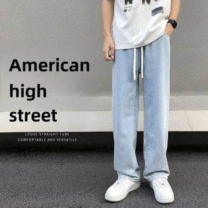 Casual Straight-Leg Jeans Men's Spring New Loose-Fit Elastic Waist American Style Wide-Leg Trousers New Arrival High Street Fash