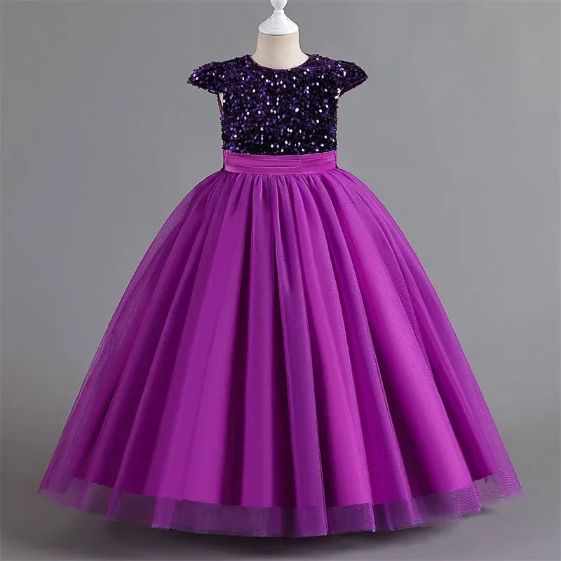 Puffy Girls Party Dress Elegant Kids Wedding Gala Prom Gown Sequin Bow