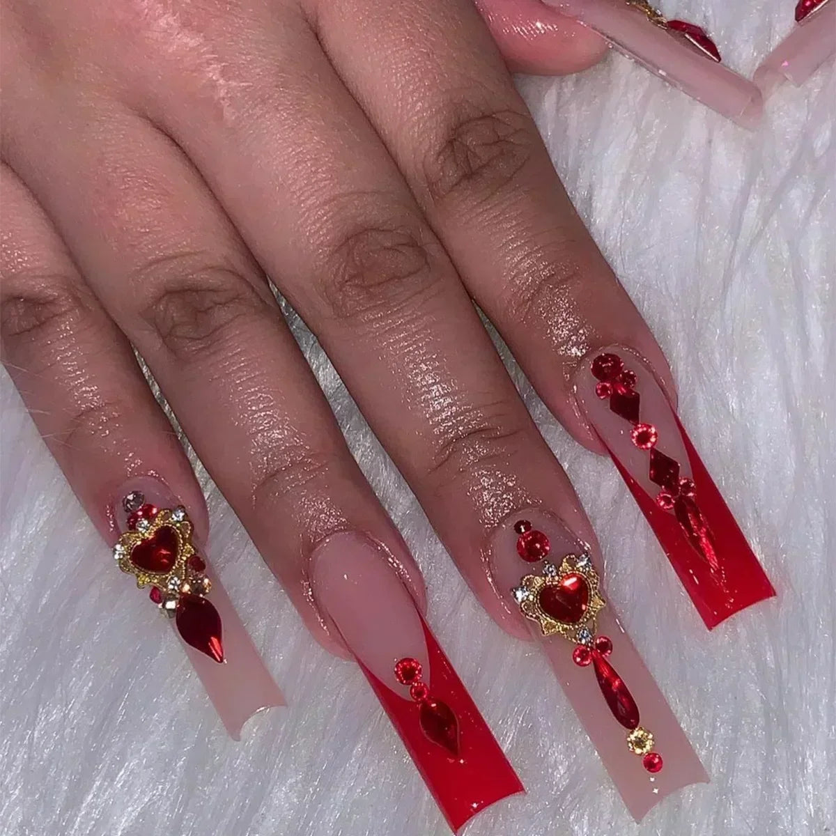 24Pcs Square False Nails with Glue Wearable Red Long Coffin Fake Nails Rhinestone Design Ballet Full Cover Press on Nails Tips