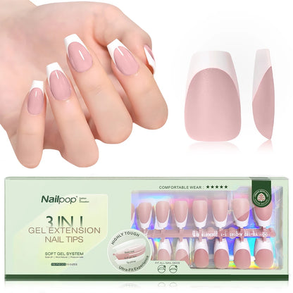 NAILPOP 150PCS Short Coffin Press on Nails 3 in 1 Coat Soft Gel Nail Tips French Tip Press on Nails 15 Sizes of Nail Art DIY