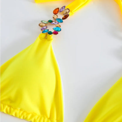 Yellow Sexy Rhinestones Bikinis 2025 Women Swimwear