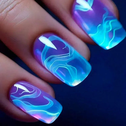 24Pcs Sweet Cool Press on Nails Short Square False Nail Gradient Glitter Line Fake Nails Full Cover Glossy Acrylic Manicure Nail