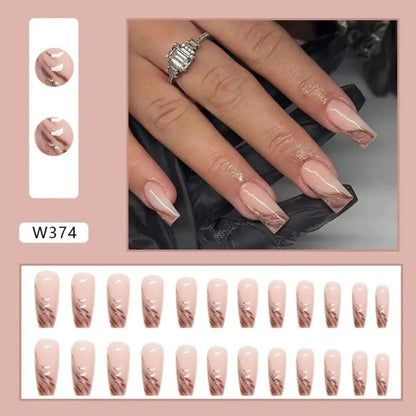 24pcs Mid-length Simple Smudged False Nails Wearable French Ballerina Fake Nails Full Cover Nail Tips Set Press On Nails