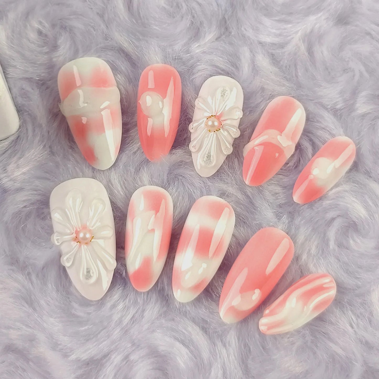 10pcs Handmade Press On Nails 3D Carving Flower Shells False Nails Detachable Summer Almond Pink French Style Fake Nail Tips