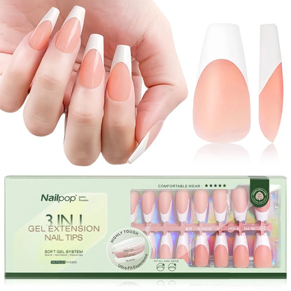 NAILPOP 150PCS Short Coffin Press on Nails 3 in 1 Coat Soft Gel Nail Tips French Tip Press on Nails 15 Sizes of Nail Art DIY