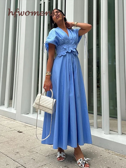 Elegant 3d Flower Pleated Long Dresses Women Pleat V Neck Short Sleeved Drawstring Lace Up Robes 2024 Summer Lady Vacation Dress