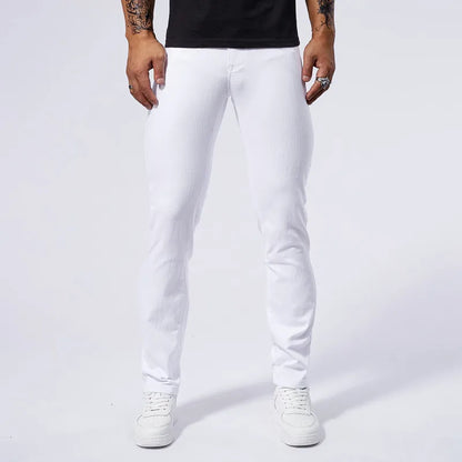 Summer new men's white casual versatile high elastic straight leg jeans with tight and stylish sports and fitness pants for men