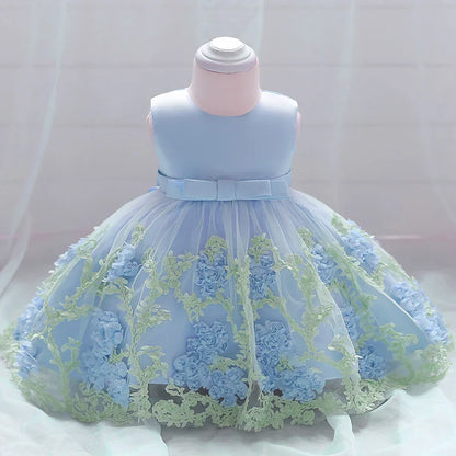 Baby Girl Dress Baptism Princess Dress New Bow Flower Lace Sleeveless Mesh Tutu Birthday Party Dress Baby Girl Wedding Dress