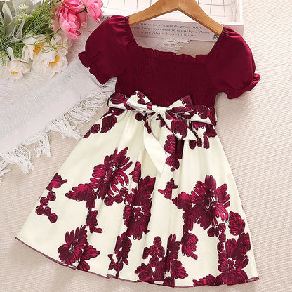 Girl dress Summer new sweet print patchwork bubble sleeve princess skirt birthday party dress girl baby children's clothing