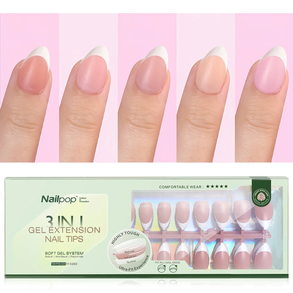 NAILPOP 150PCS Short Coffin Press on Nails 3 in 1 Coat Soft Gel Nail Tips French Tip Press on Nails 15 Sizes of Nail Art DIY