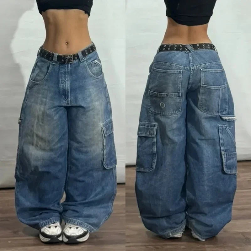 American New Fashion Pattern Embroidery Washing Old Baggy Jeans Men Y2K Harajuku Vintage High Waist Wide Leg Denim Trousers