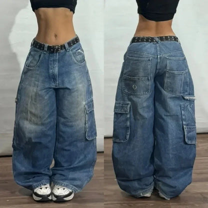 American New Fashion Pattern Embroidery Washing Old Baggy Jeans Men Y2K Harajuku Vintage High Waist Wide Leg Denim Trousers