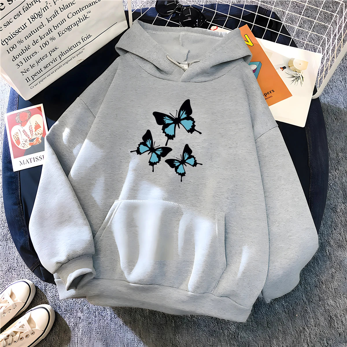 Hirsionsan Butterflies Graphic Print Hoodies Women Chic Long Sleeve