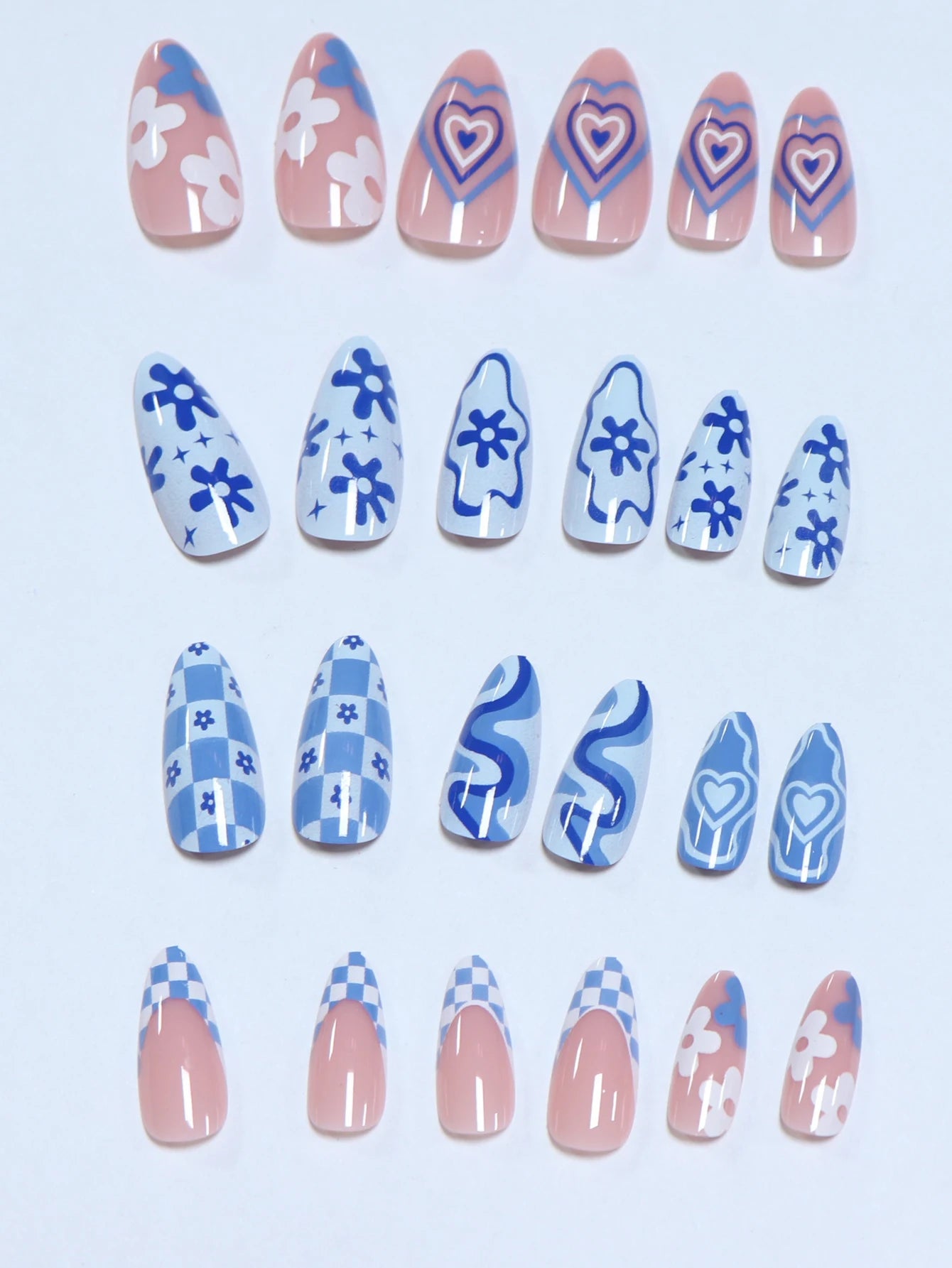 24pcs Medium Almond Blue France Full Cover Fake Nail Set - Medium Stiletto Press On Nails Love Design For Girl Mother Women Gift