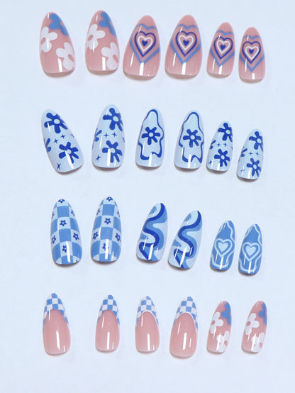 24pcs Medium Almond Blue France Full Cover Fake Nail Set - Medium Stiletto Press On Nails Love Design For Girl Mother Women Gift