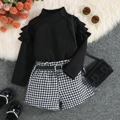 3PCS Autumn New Style 1-5 Year Old Girl Baby Fashionable Casual High-Neck Solid Color Top + Houndstooth Shorts Set