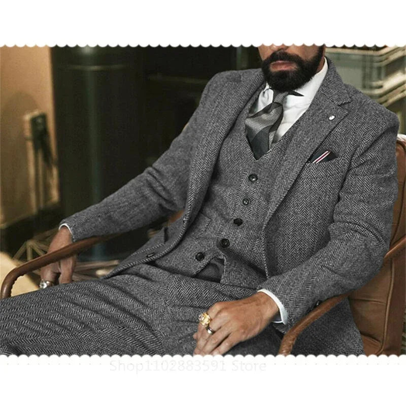 3 Piece(Jacket +Vest +Pants) Gray Wool Tweed Winter Men Suit's For Wedding Herringbone Male Formal Groom Tuxedo Fashion