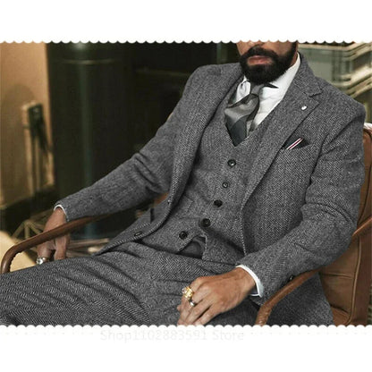 3 Piece(Jacket +Vest +Pants) Gray Wool Tweed Winter Men Suit's For Wedding Herringbone Male Formal Groom Tuxedo Fashion