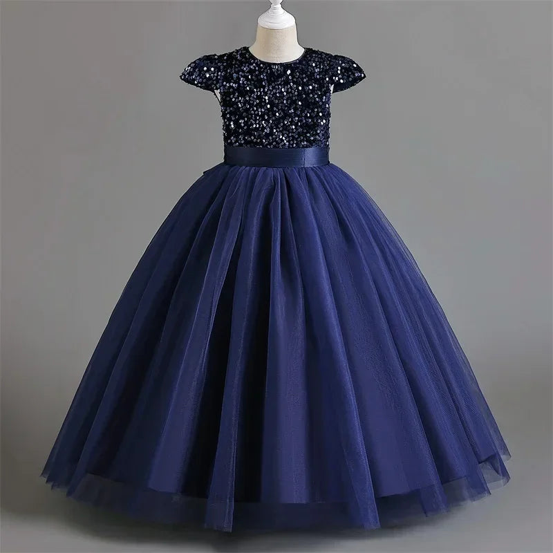 Puffy Girls Party Dress Elegant Kids Wedding Gala Prom Gown Sequin Bow