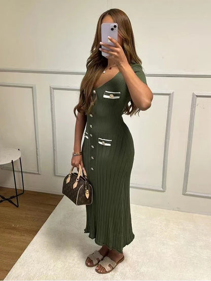 Elegant Knitted Long Single Breasted Bodycon Dress