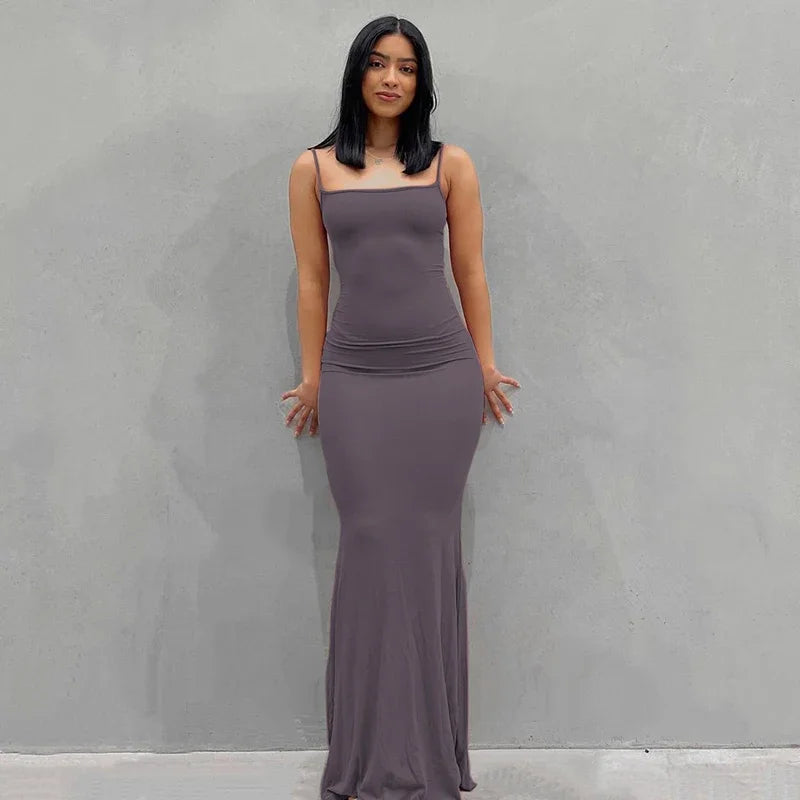 Sexy Bodycon Long Dress Solid Color Spaghetti Strap