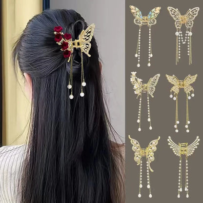 Exquisite Rhinestone Butterfly Fringe Hair Claw Clips Korean New Ponytail Braid Pearl Hairpin Girl Crab Metal Headdress Gift