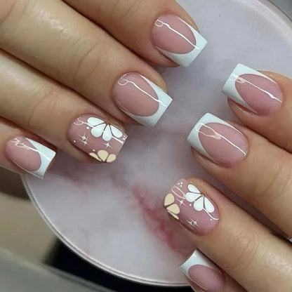 24pcs Pink Flower Fake Nail with Glue Cute White Artificial Nails Wearable Press on Acrylic Nails Square False Nails Press Ons