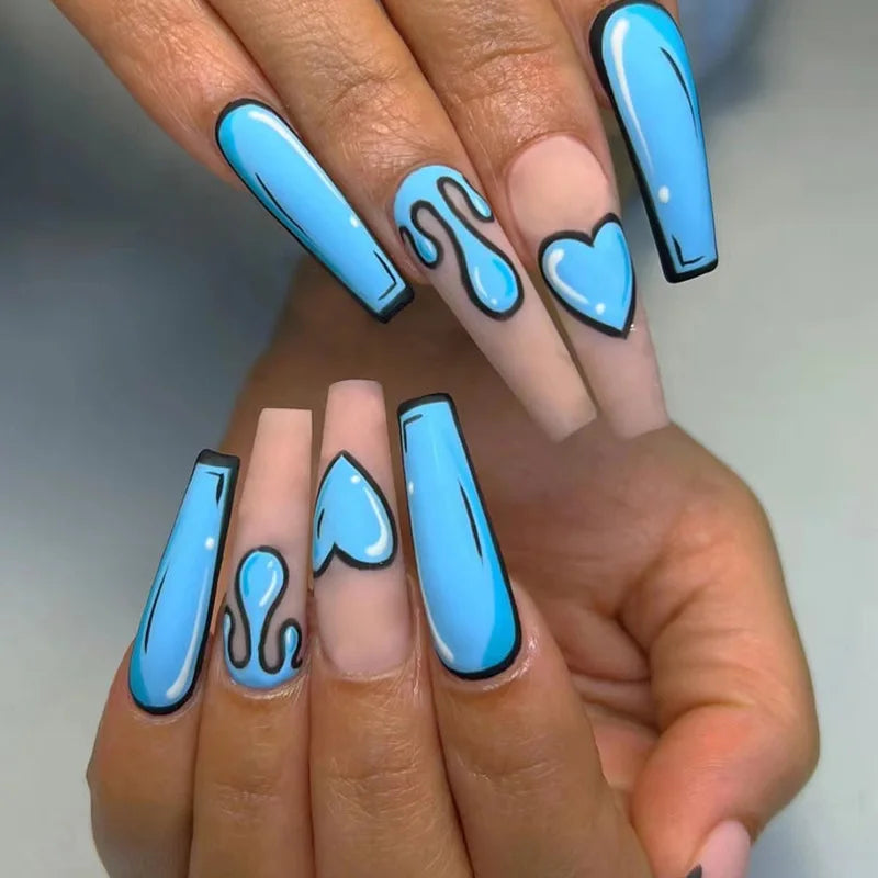 24Ps Super Long Ballet Wearable Fake Nails Blue Diamond Small Flower Press on Nail Stickers Finished Removable False Nail Pieces