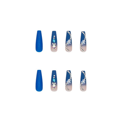 24Ps Super Long Ballet Wearable Fake Nails Blue Diamond Small Flower Press on Nail Stickers Finished Removable False Nail Pieces