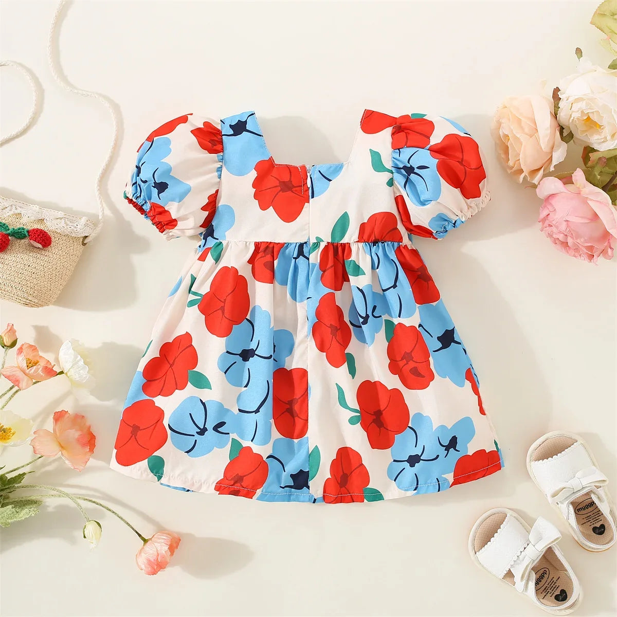 Girls' Bow Dress Summer European And American Fashion Big Flower Short Sleeve Comfortable Square Neck Daily Knee Length Skirt