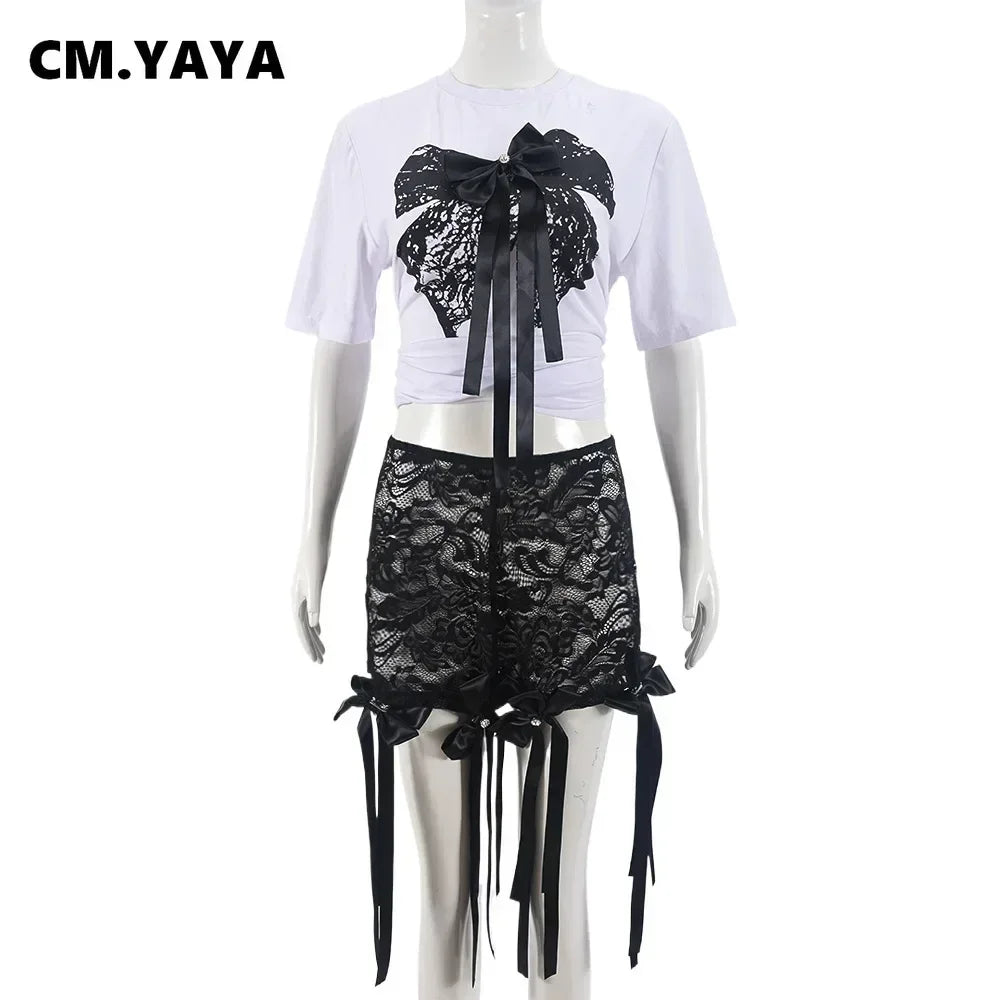 Women's Set Bow O-Neck short sleeve Tops and lace Shorts Suits Streetwear Summer 2025