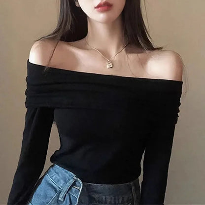 Vintage Slash Neck Pullover Women Korean Fashion Slim Long Sleeve