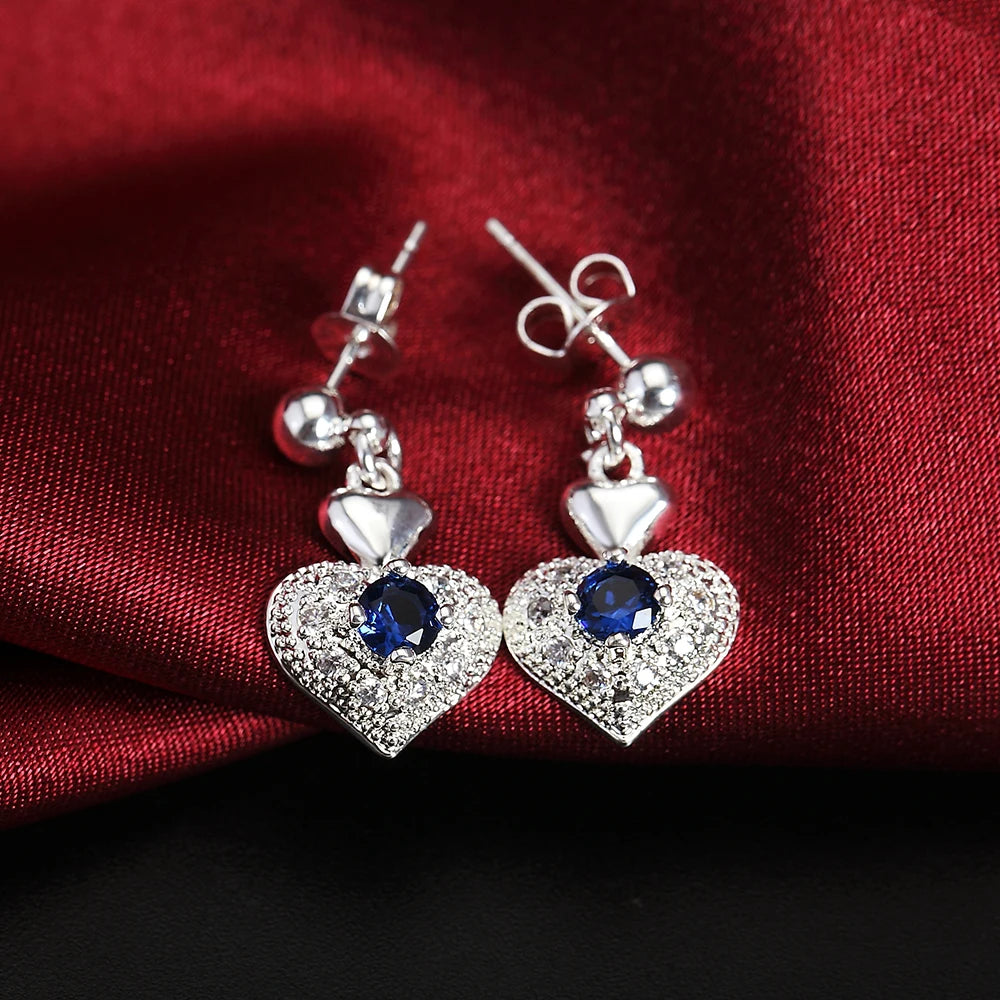 Hot Noble blue crystal heart 925 sterling Silver pendant necklace earring Jewelry sets for Woman classic fashion party fine gift