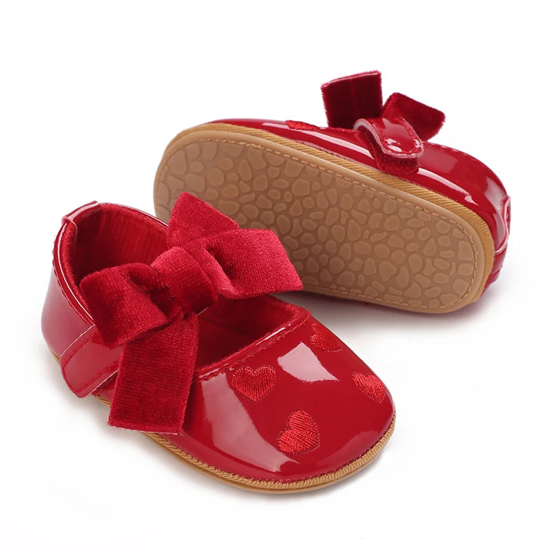 Newborn Baby Shoes Baby Girl Shoes Girl Classic Red Bowknot Rubber Sole Anti-slip PU Dress Shoes First Walker Toddler Crib Shoes