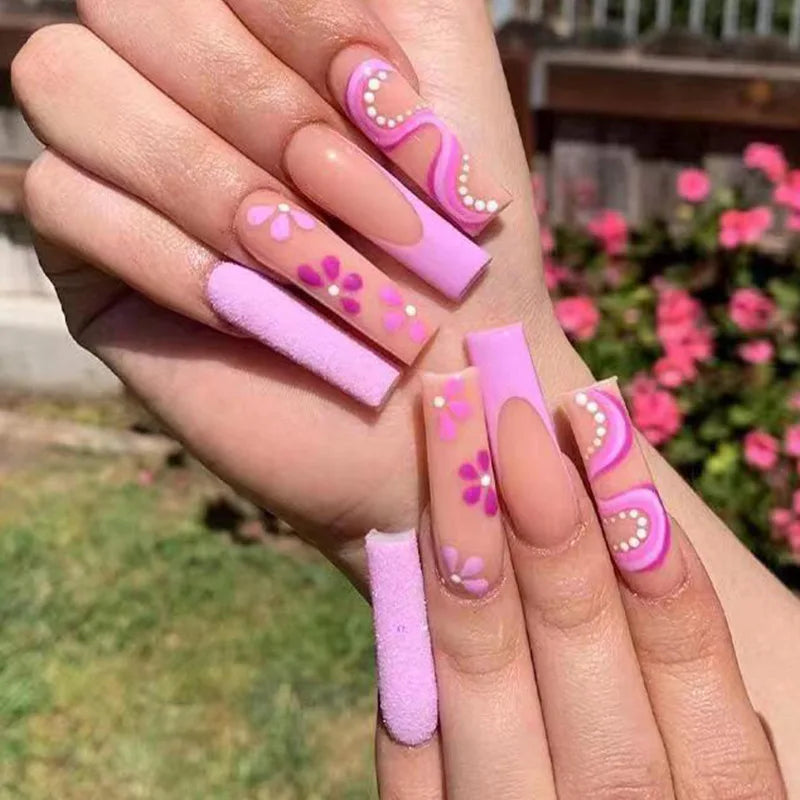 24Ps Super Long Ballet Wearable Fake Nails Blue Diamond Small Flower Press on Nail Stickers Finished Removable False Nail Pieces